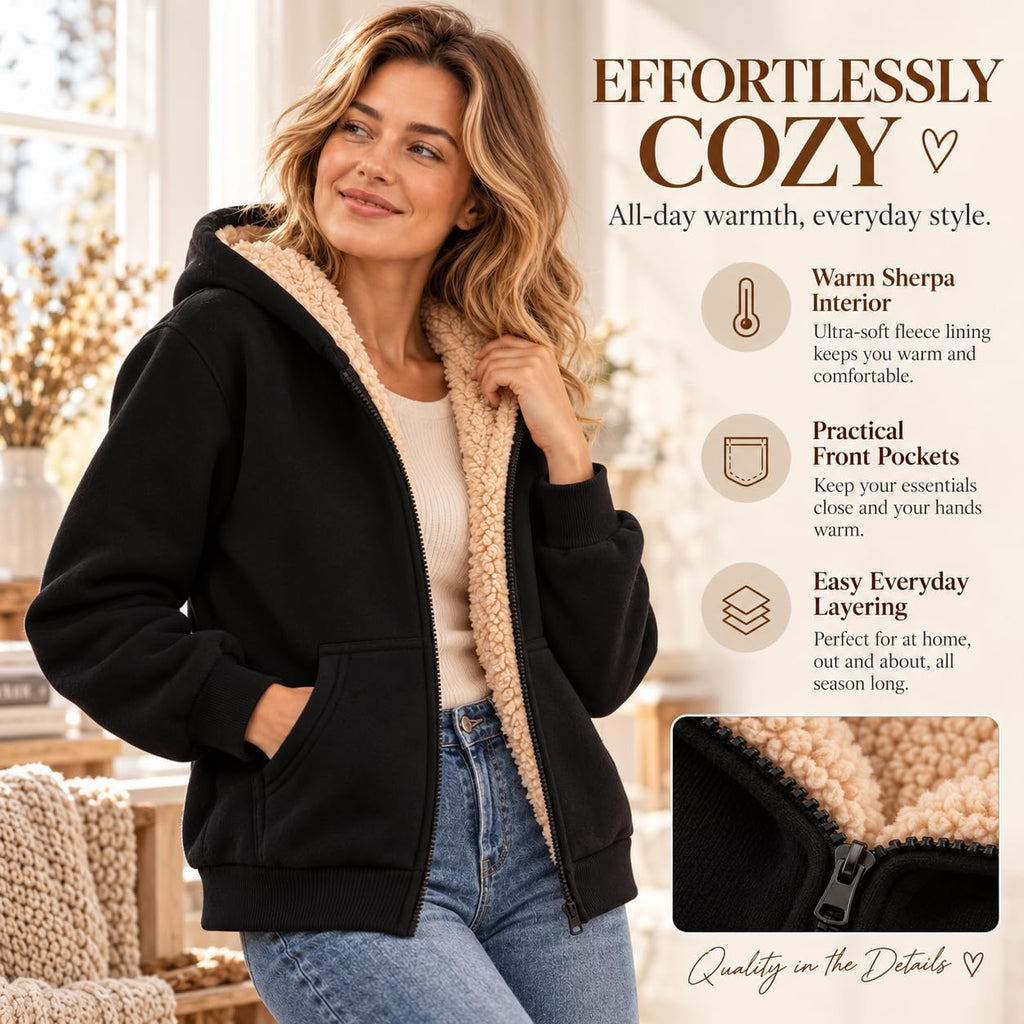 Fleece Jacket Women Teddy Fleece Hoodies Sherpa Lined Fuzzy Sweatshirts with Pockets Full Zip Hooded Fall Winter Warm Coat Outwear Thermal Clothing