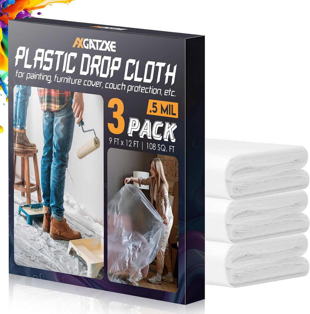 Axgatoxe 12 x 9 Ft Plastic Drop Cloths for Painting (10-Pack)