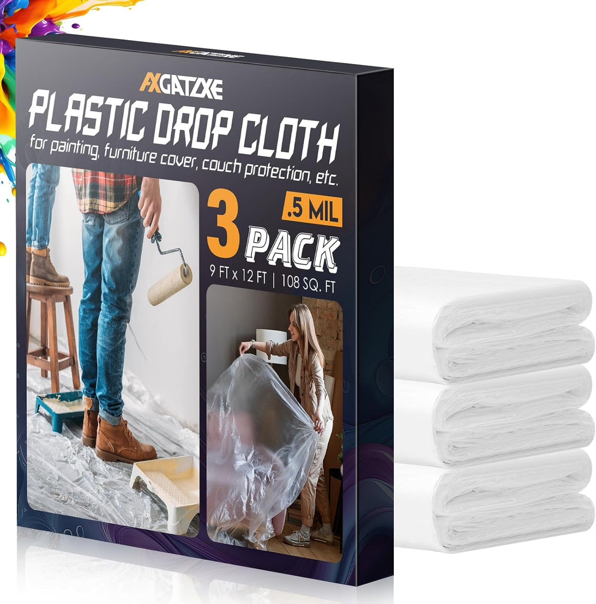Axgatoxe 12 x 9 Ft Plastic Drop Cloths for Painting (10-Pack)