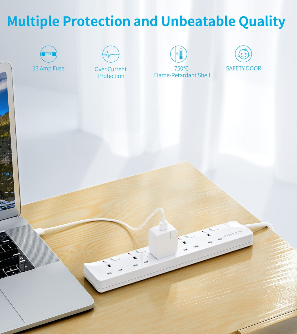 PIBEEX Extension Lead 2 Way Plug Sockets with Individual Switches Wall Mountable Power Strip 3M Extension Cable 13A Fused UK Plug 3250W