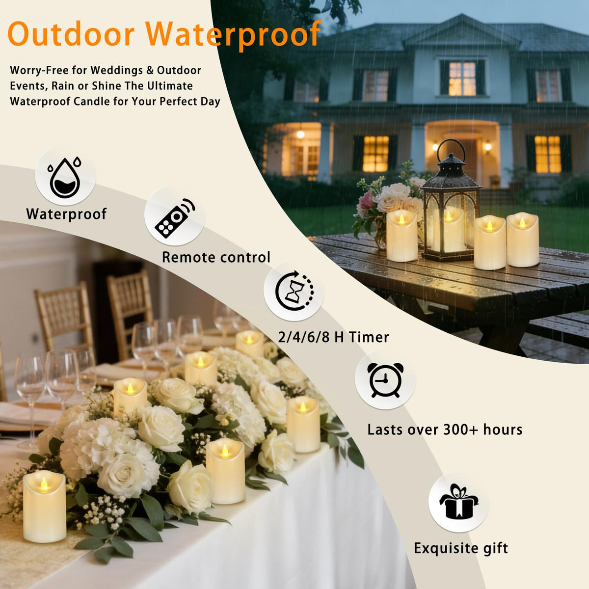 Outdoor Flameless Candles, Patented 3D Dual-LED, Set of 2 Slanted Plastic Pillars with Remote, Waterproof Non-Melting Battery Operated Decor for Bathroom Bedroom Gift, Black (D3 x H6)