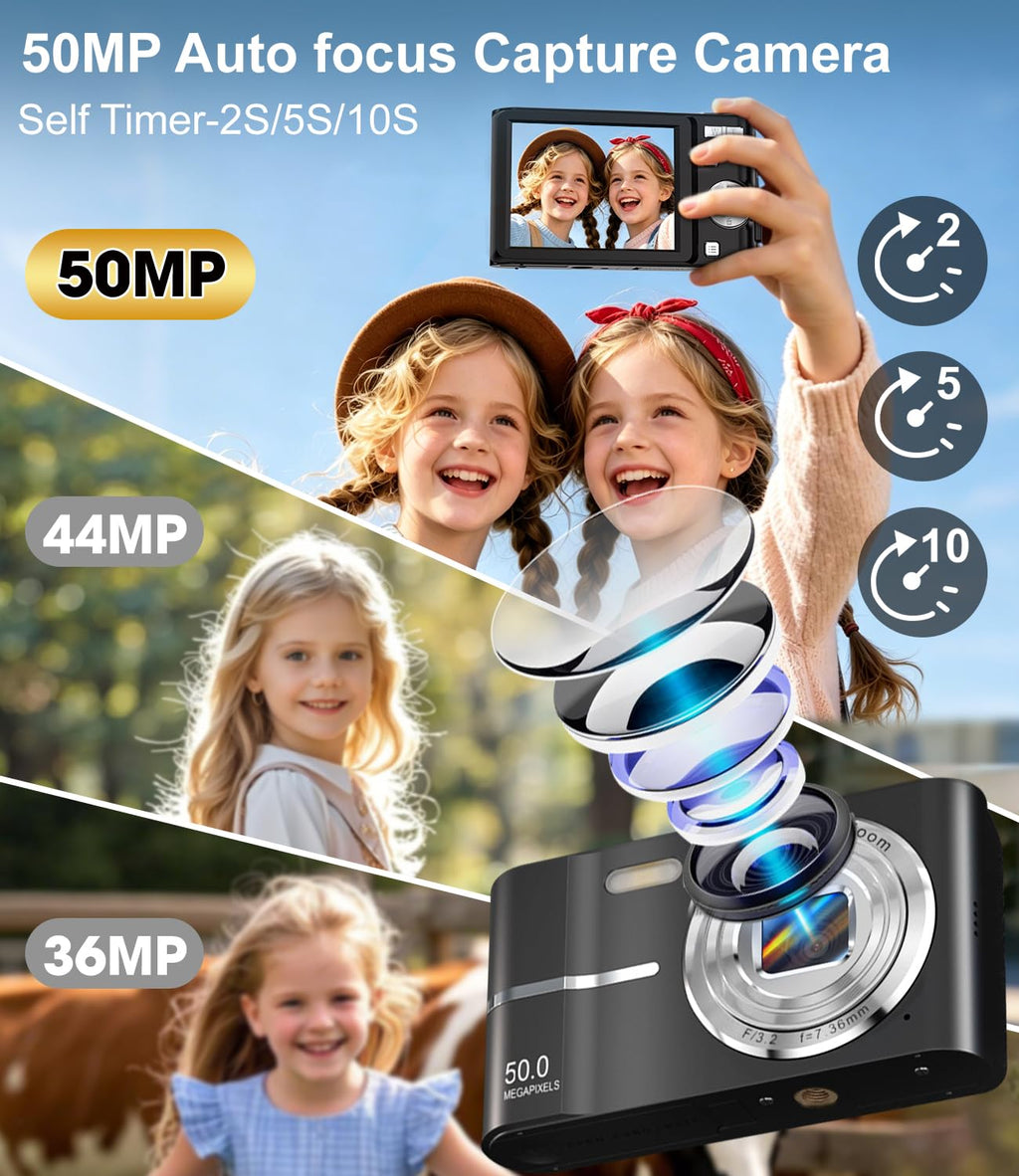 Digital Camera, 1080P FHD Vlogging Camera 50MP Compact Portable Photo Camera with 2.4" Screen, 16X Digital Zoom Mini Small Pocket Camera for Kids Students with 1 Battery, 16GB Card (Pink)
