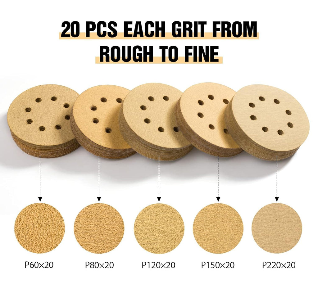 S SATC Sanding Discs 60 Grit 110Pcs Orbital Sander Discs 125mm Hook and Loop Round Orbital Sander Pads for Sanding