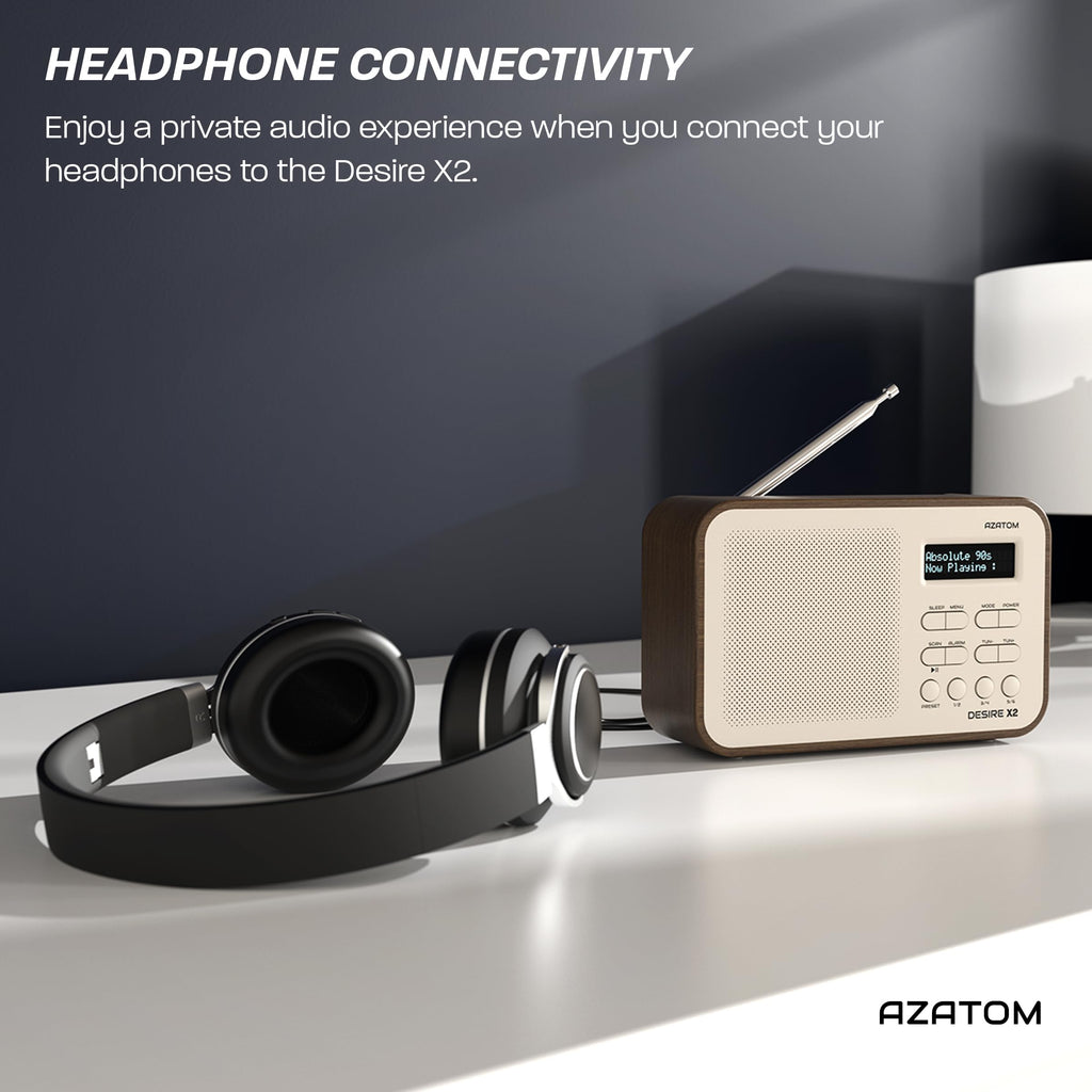 DAB/DAB+ & FM Portable Digital Radio | Simple Controls | Dual Alarms & Sleep Timer | Battery & Mains Powered (4x”AA”) | Bluetooth | Perfect for Home, Office or Outdoors | AZATOM Desire X2 (Oak)