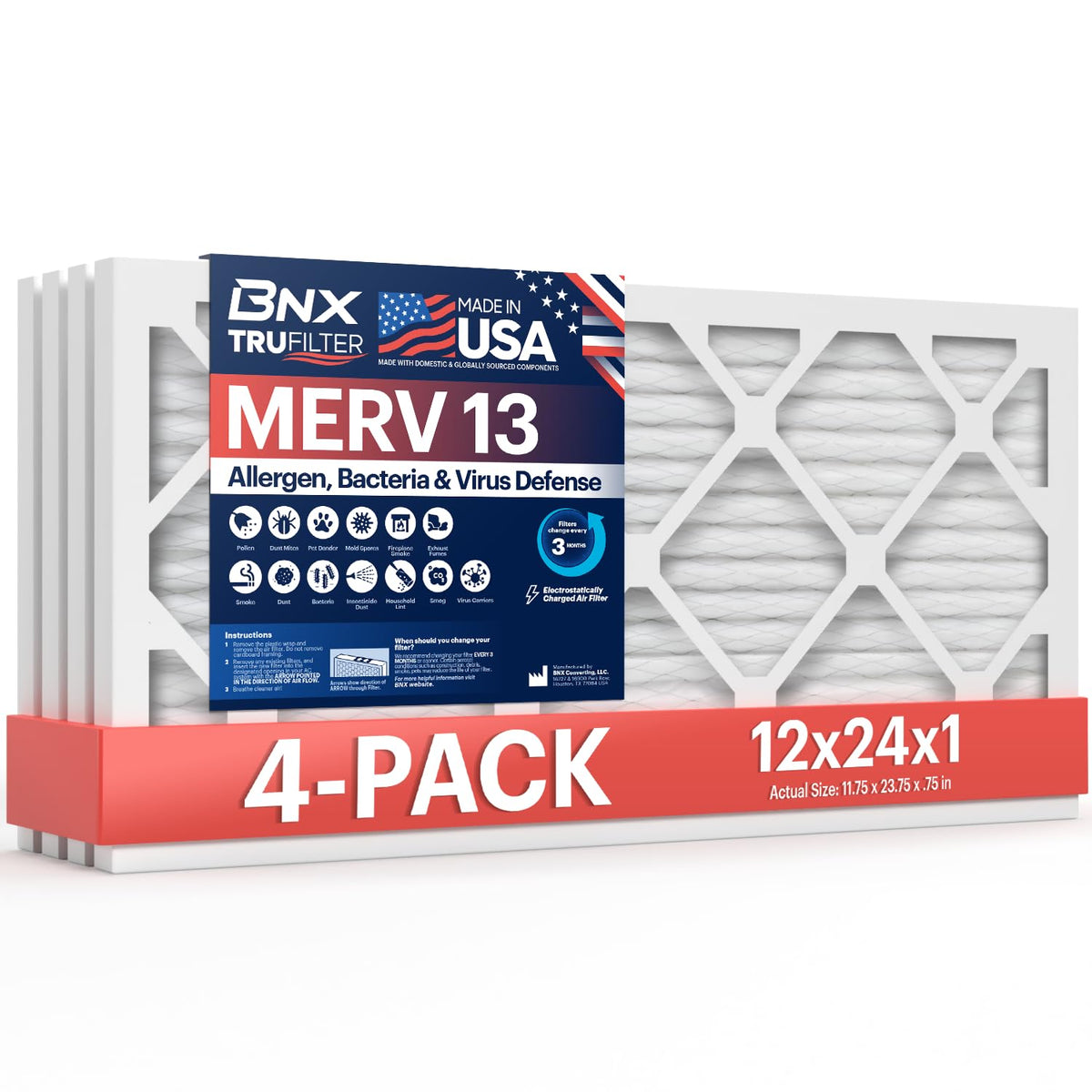 BNX TruFilter 20x20x1 Air Filter MERV 13 Smoke, Allergy, Pet Defense 6-Pack