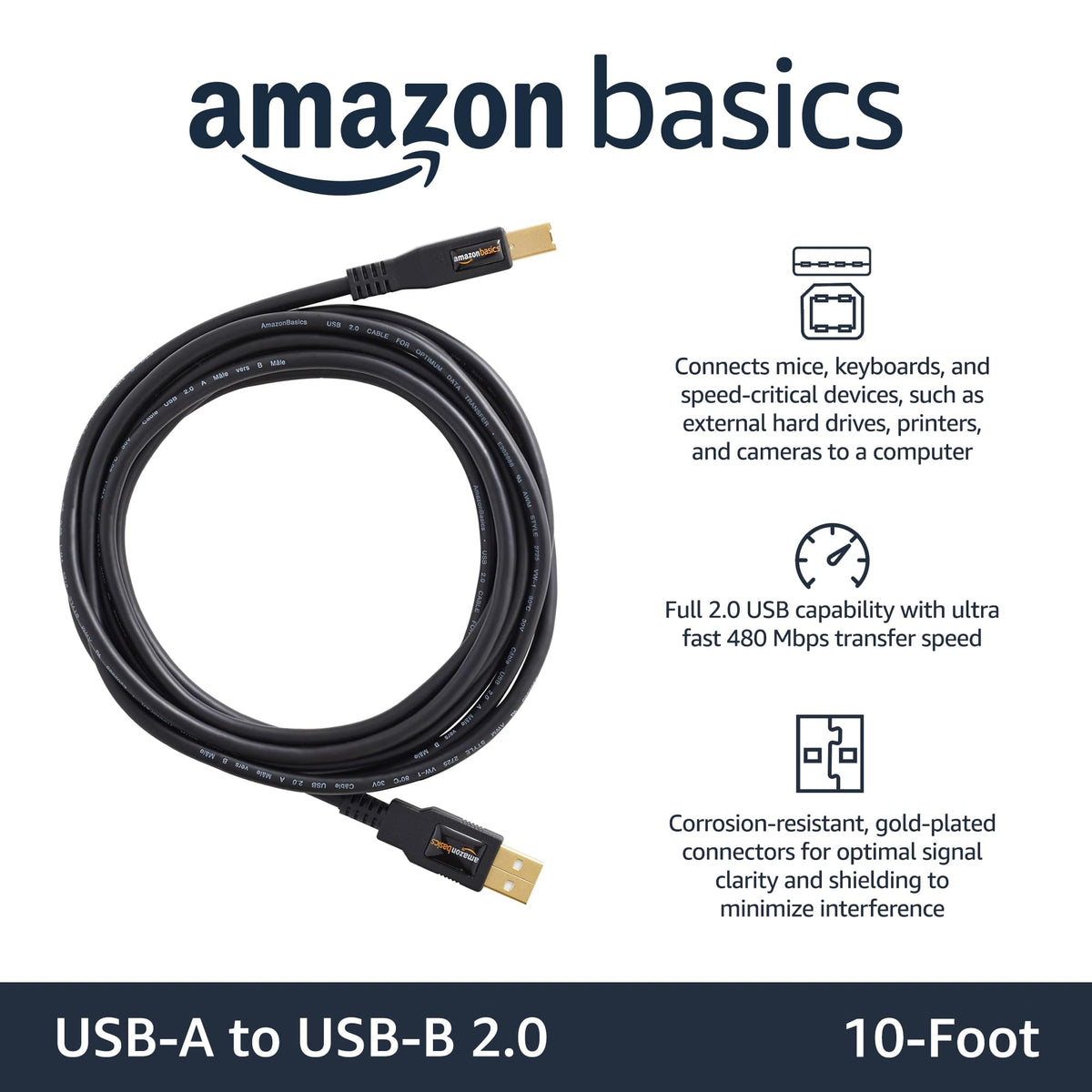 Amazon Basics USB Printer Cable, USB-A to USB-B 2.0, 1.8 m, Black