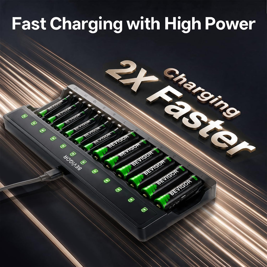 BEVIGOR 12 Slot Battery Charger with 12 Pack AA Rechargeable Batteries