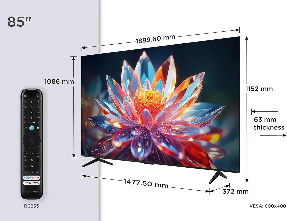 TCL 85T6C-UK 85 Inch QLED 4K HDR TV, Fire TV (Smart TV with Dolby Vision & Atmos, HDR10+, Press & Ask Alexa