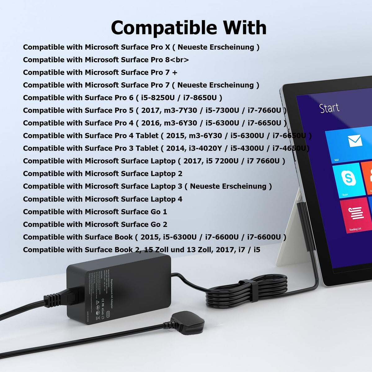 65W Laptop Charger Compatible with Microsoft Surface Pro Laptop Book Go