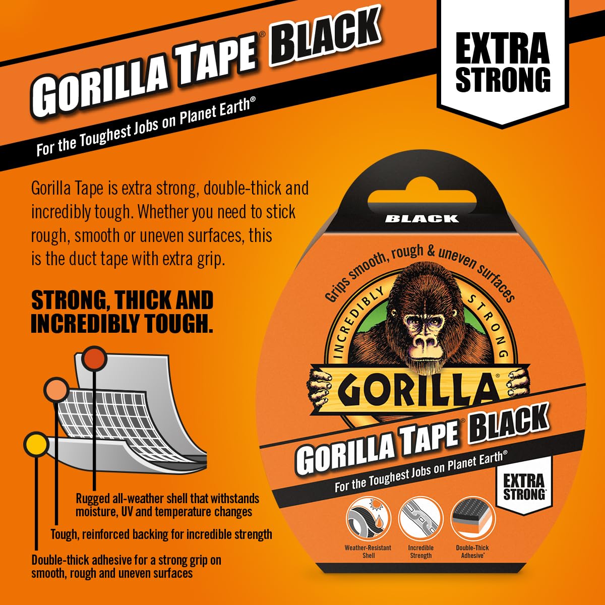 Gorilla Tape Black 11m - Heavy Duty Duct Tape, Hand-Tearable & Extra Strong