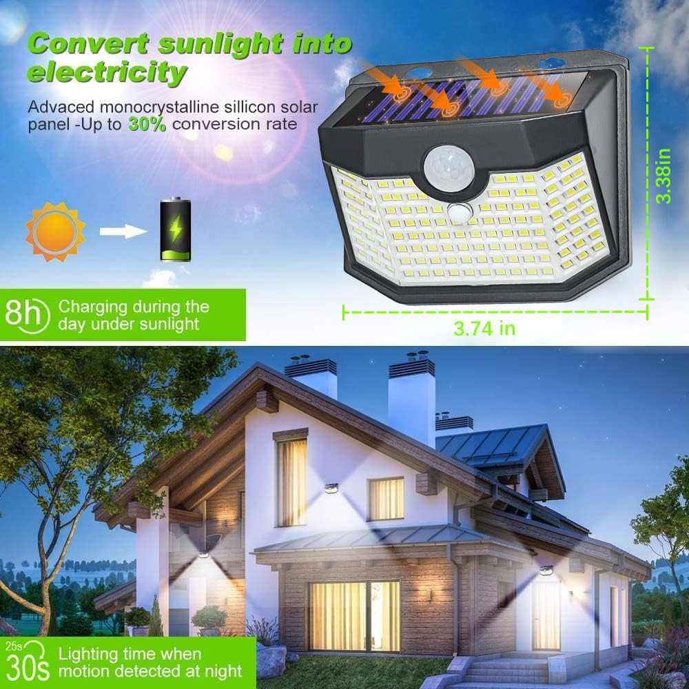 HMCITY Solar Lights Outdoor 120 LED with 3 Lighting Modes, Motion Sensor Wall Lights,IP65 Waterproof Solar Powered for Garden Patio Yard (Back Button 2Packs, Black Shell-Daylight White)