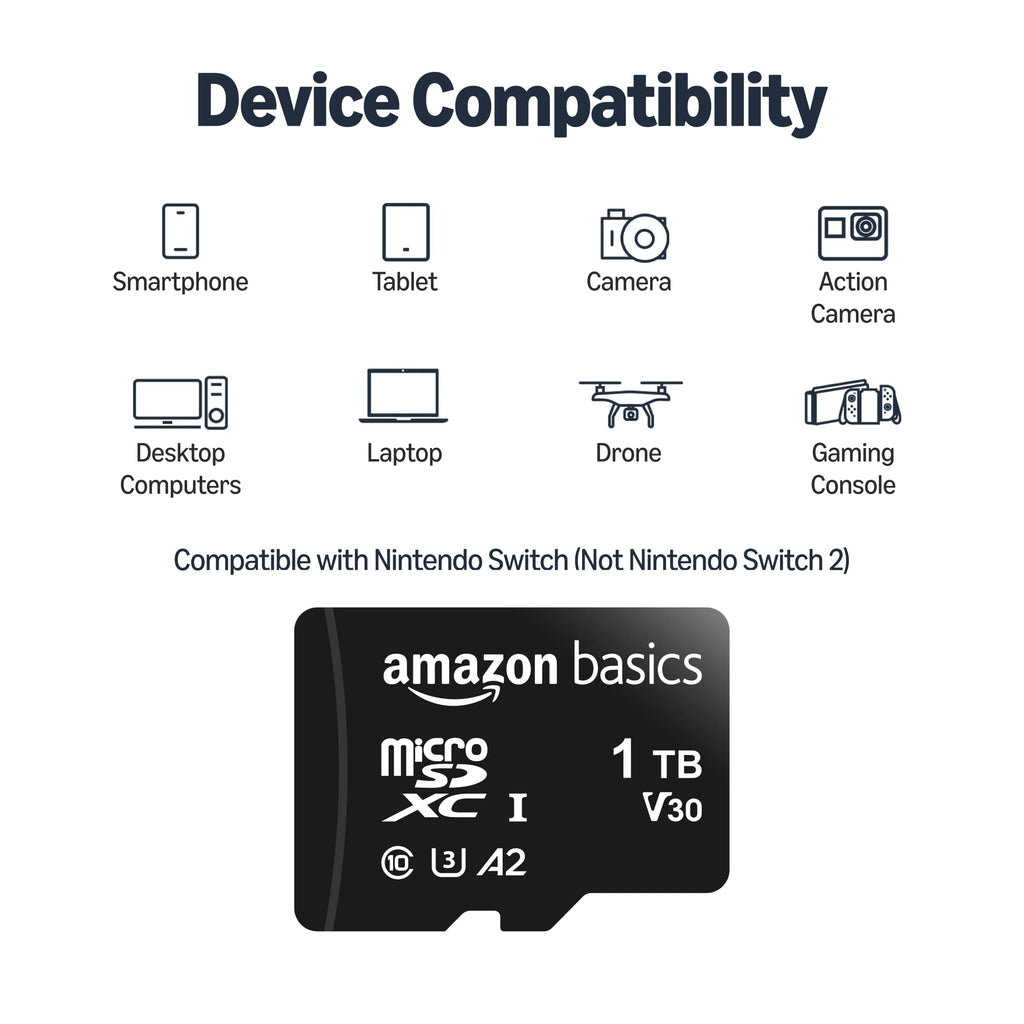 Amazon Basics microSDXC Memory Card, 64GB, A2, U3, 100MB/s Read Speed, Black, 2-Pack