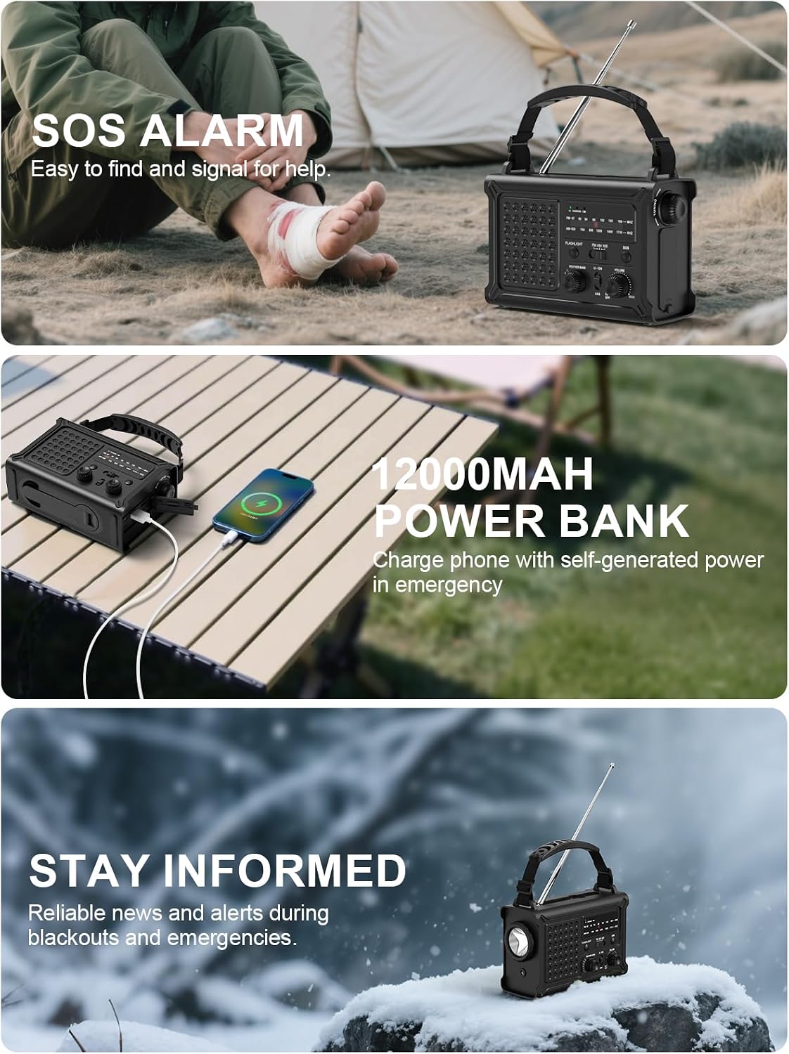 ROCAM Emergency Radio with 12000 mAh Rechargeable Battery, AM/FM Wind-Up Radio with Solar & Hand Crank Power – 8500mm² Solar Panel, Hi-Fi Sound, 120dB SOS Alarm Perfect for Camping & Outdoor