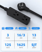 Flat Plug Extension Cord with 3 Outlets - 1Ft Low Profile Indoor 3 Prong Grounded Power Strip for Home Office & Travel - 16 AWG 13A/1625W, Black