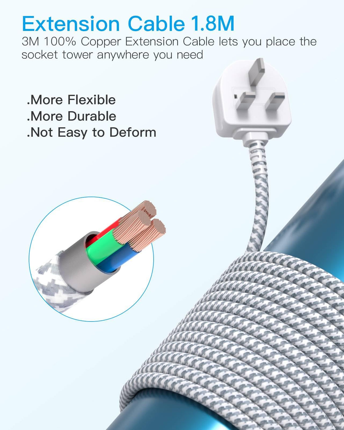 3M Tower Extension Lead with 2 USB C Slots, 8 Way Outlets Power Strip, 10Ft