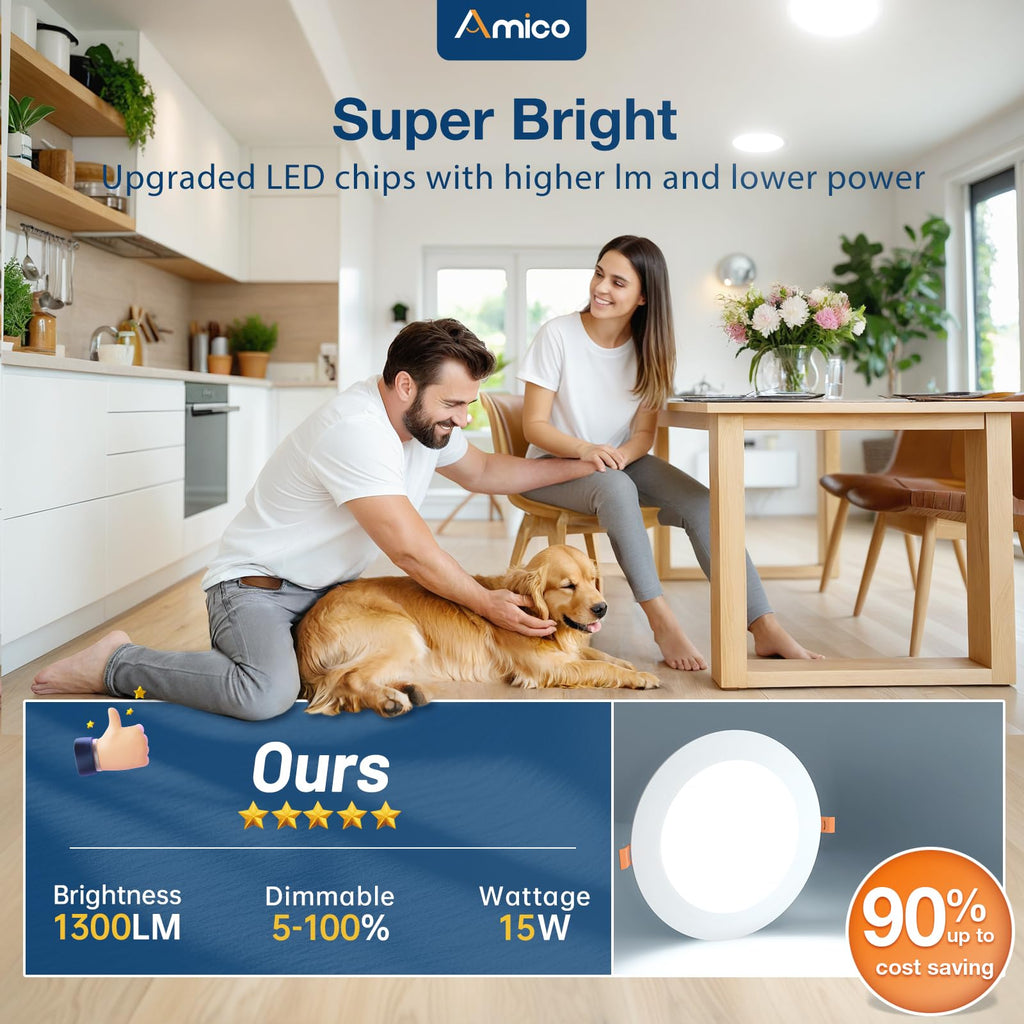 Amico 12 Pack 3 Inch LED Recessed Lighting, Canless Wafer Downlight, White