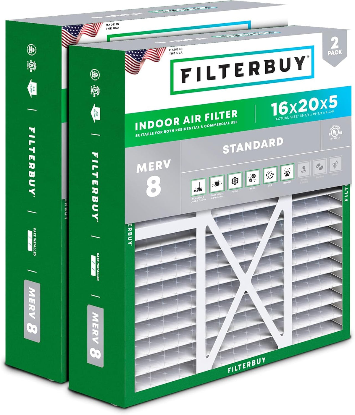 Filterbuy 22x24x5 Air Filter MERV 8 Dust & Allergy Defense (2-Pack)