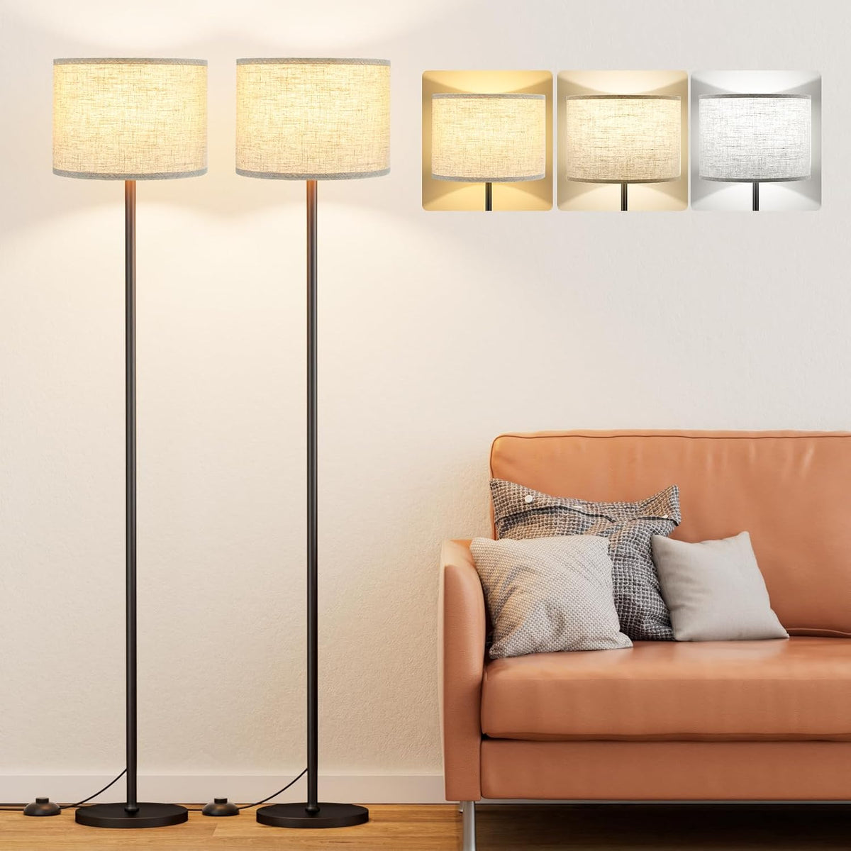 Ambimall Floor Lamp for Living Room with Smart Light Bulb, RGB + Stepless Dimmable Colors Temperature & Brightness(White Shade & Black Pole)