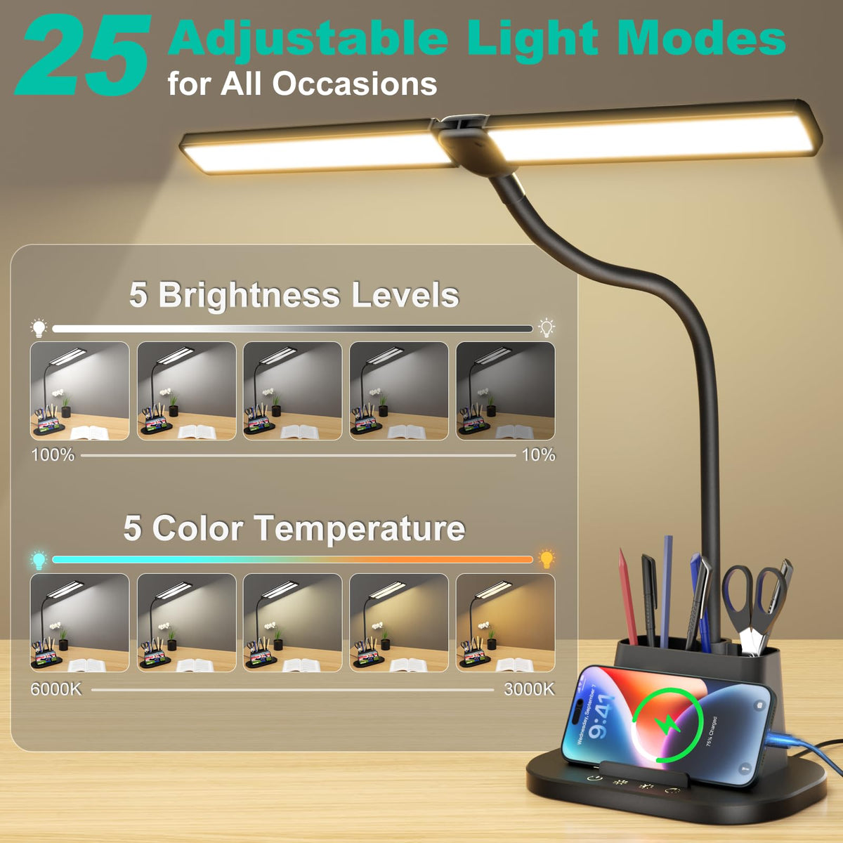Airlonv LED Desk Lamp with Clamp, 17" Stepless Dimming Light, Black