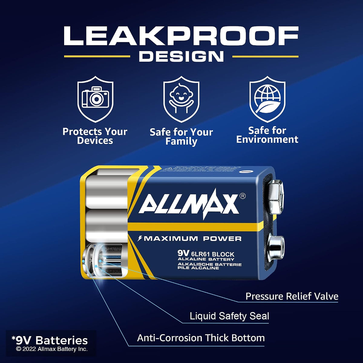 Allmax 9V (6LR61) Maximum Power Alkaline Batteries (4 Count) – 9 Volt