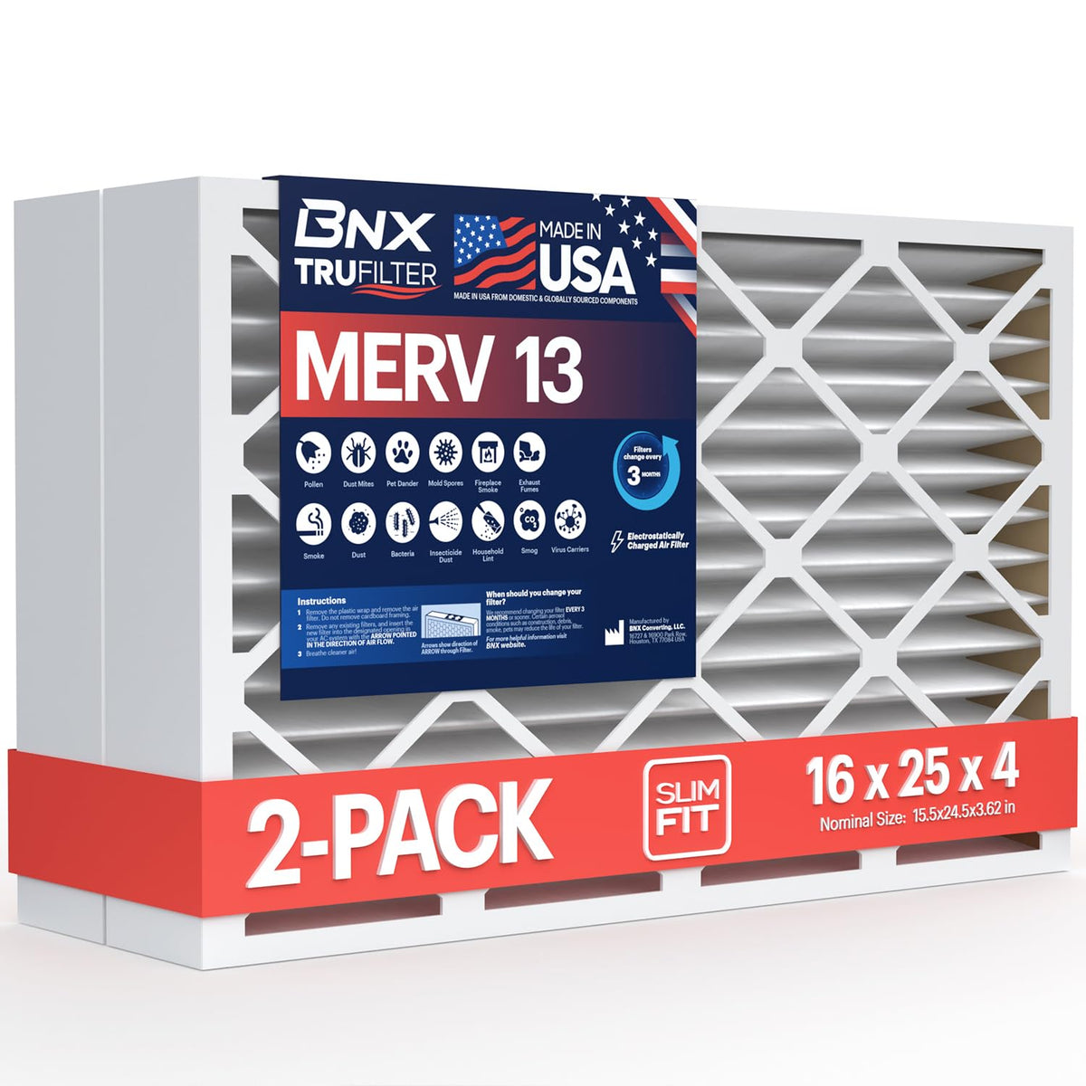 BNX TruFilter 20x20x1 Air Filter MERV 13 Smoke, Allergy, Pet Defense 6-Pack