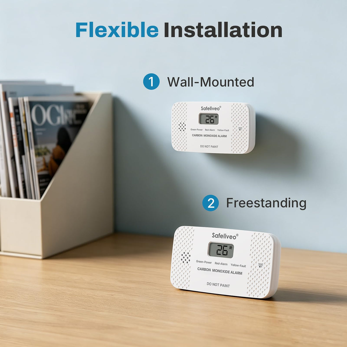 Safeliveo Carbon Monoxide Detector with Replaceable Battery, White, 2Pack