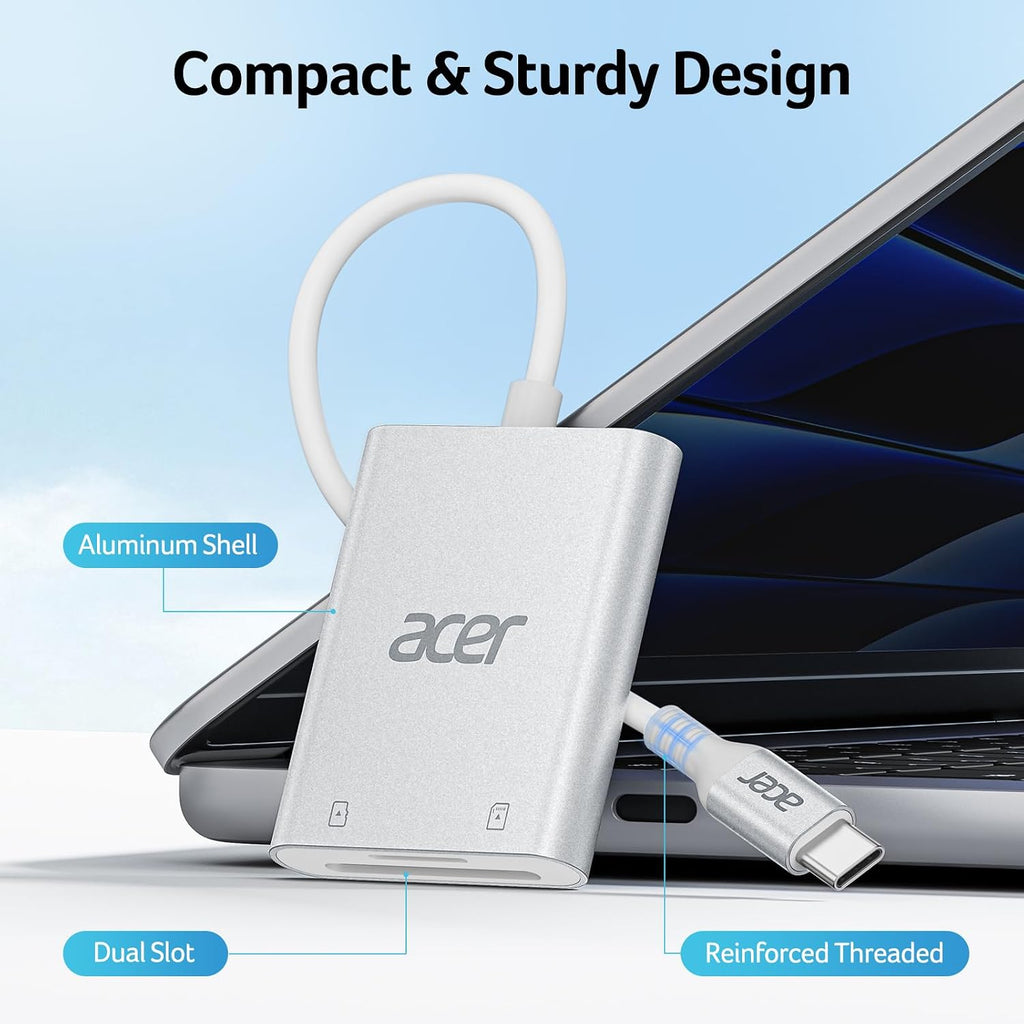 Acer USB-C SD Card Reader, High Speed Type-C Micro SD Card Adapter, USBC External Memory Card Reader SDXC, Micro SDXC Card, Compatible with MacBook Pro/Air, Acer Laptop, iPhone 16, Camera -Silver
