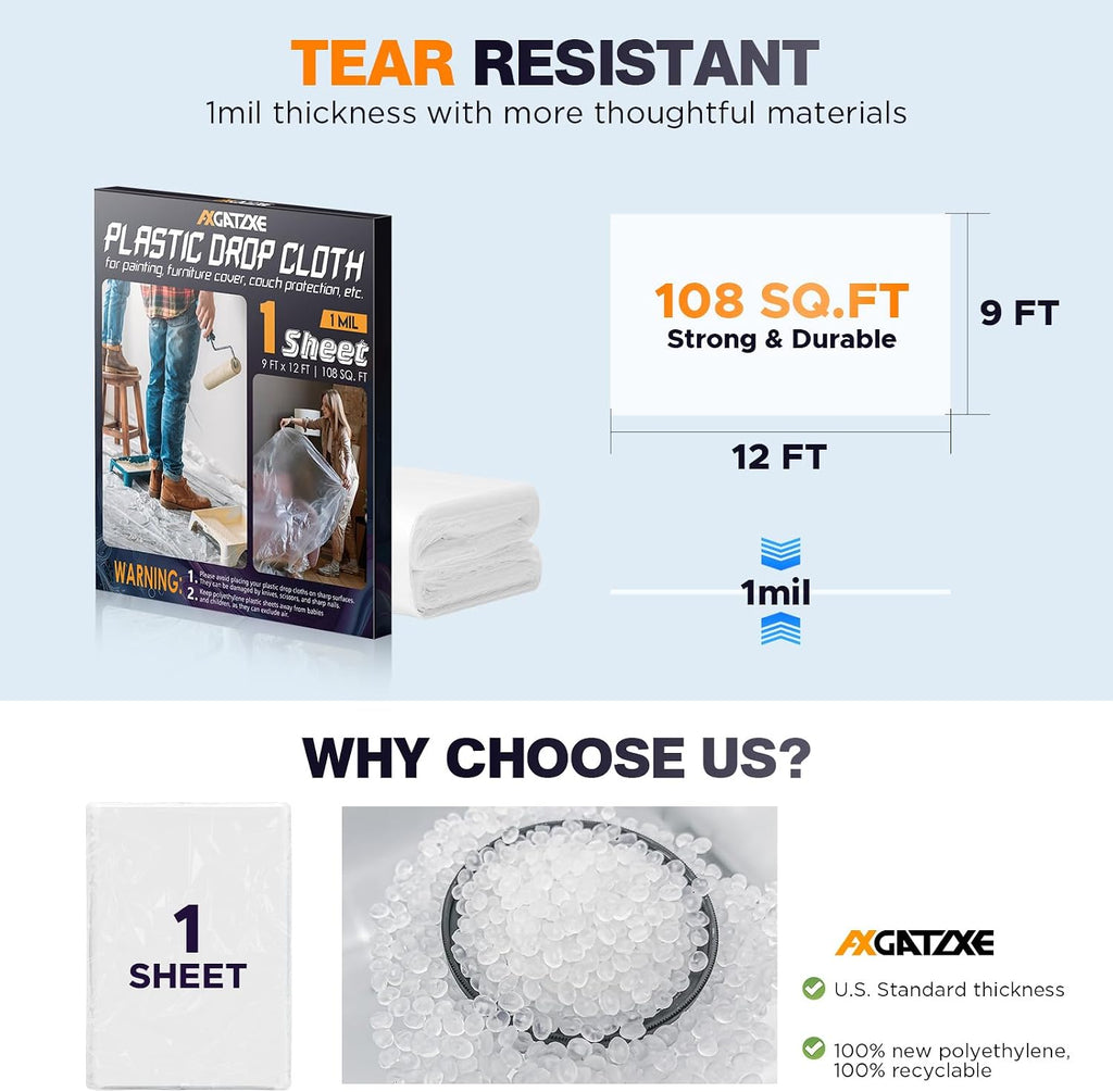 Axgatoxe 12 x 9 Ft Plastic Drop Cloths for Painting (10-Pack)