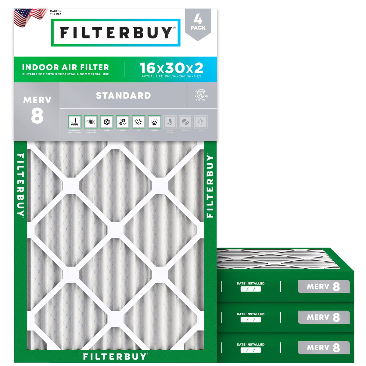 Filterbuy 20x20x1 Air Filter MERV 8 Dust & Allergy Defense (4-Pack)