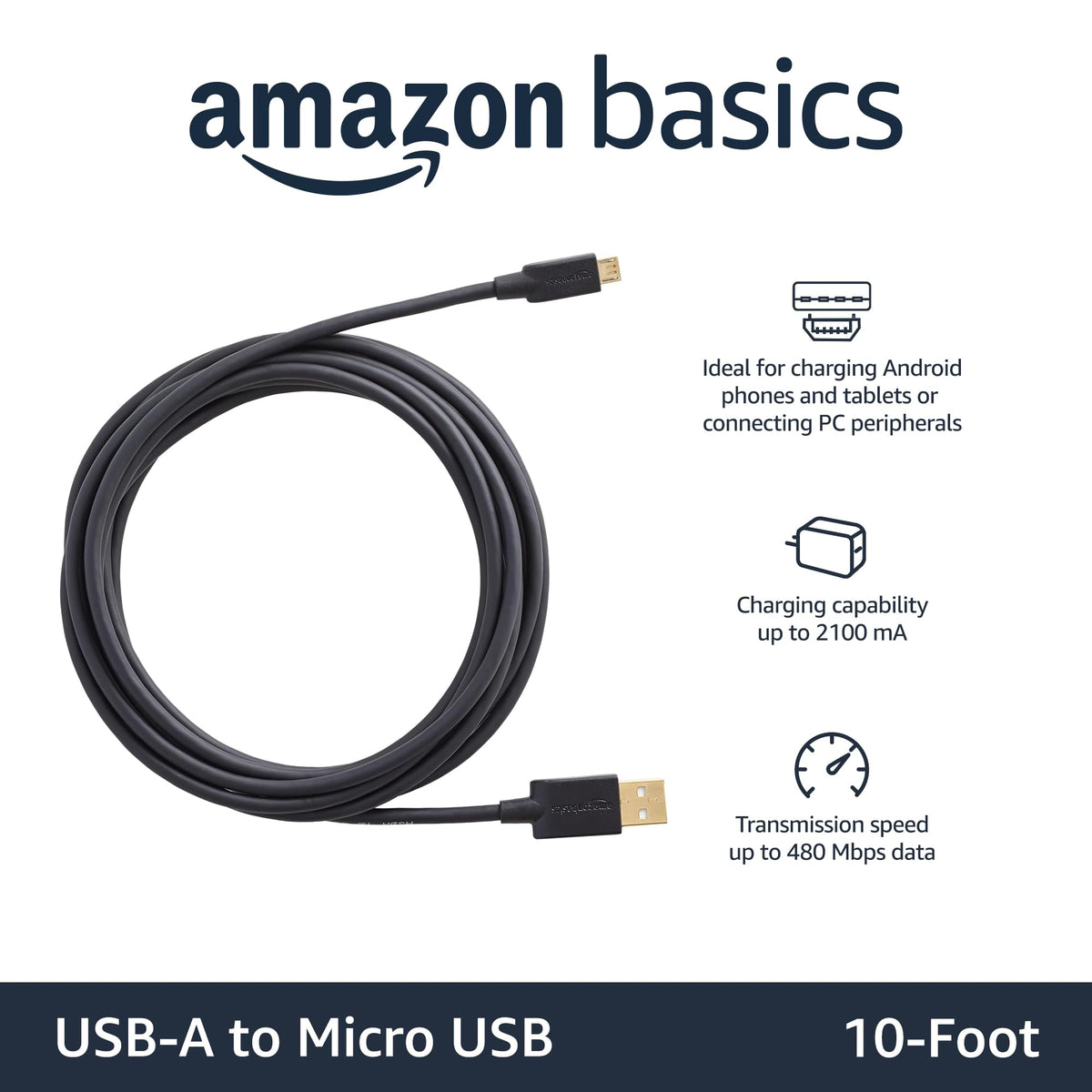 Amazon Basics 5-Pack Micro USB Cable, USB 2.0, 3 m, Black