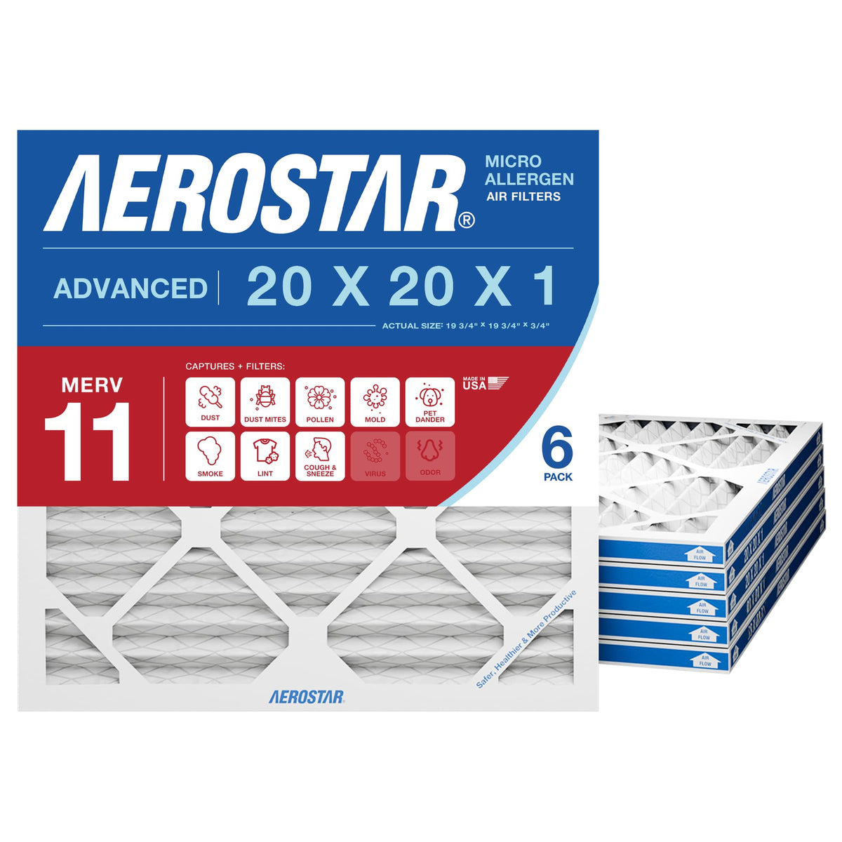 Aerostar Air Filter 20x20x1 MERV 8 AC Filter, HVAC, Furnace Filter, 6 Pack