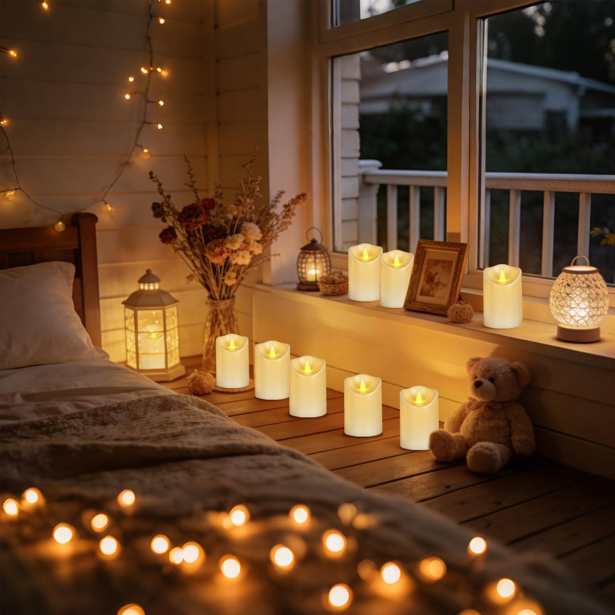Outdoor Flameless Candles, Patented 3D Dual-LED, Set of 2 Slanted Plastic Pillars with Remote, Waterproof Non-Melting Battery Operated Decor for Bathroom Bedroom Gift, Black (D3 x H6)