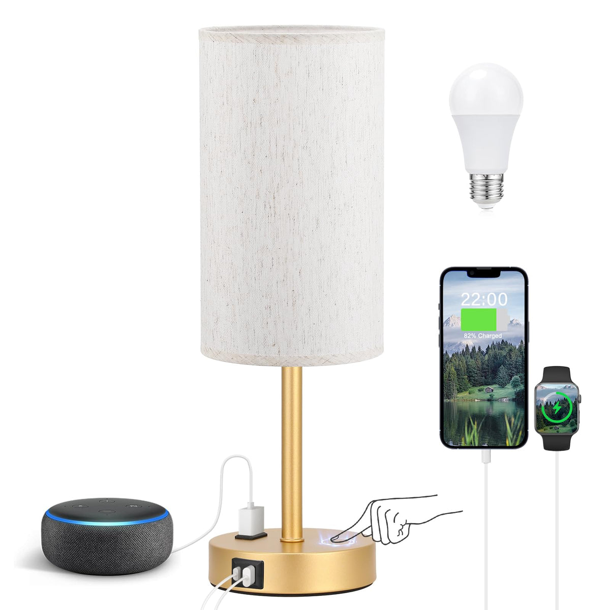 Fenmzee Bedside Table Lamp Set of 2 - Dimmable Touch, USB A+C, AC Outlet