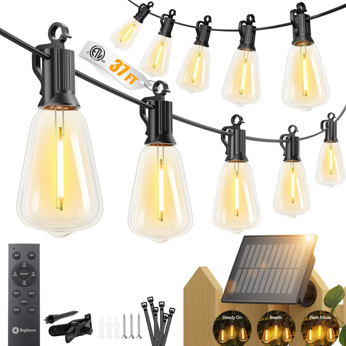 Brightown 52FT Solar String Lights Outdoor Waterproof, Last 30+ Hrs Runtime
