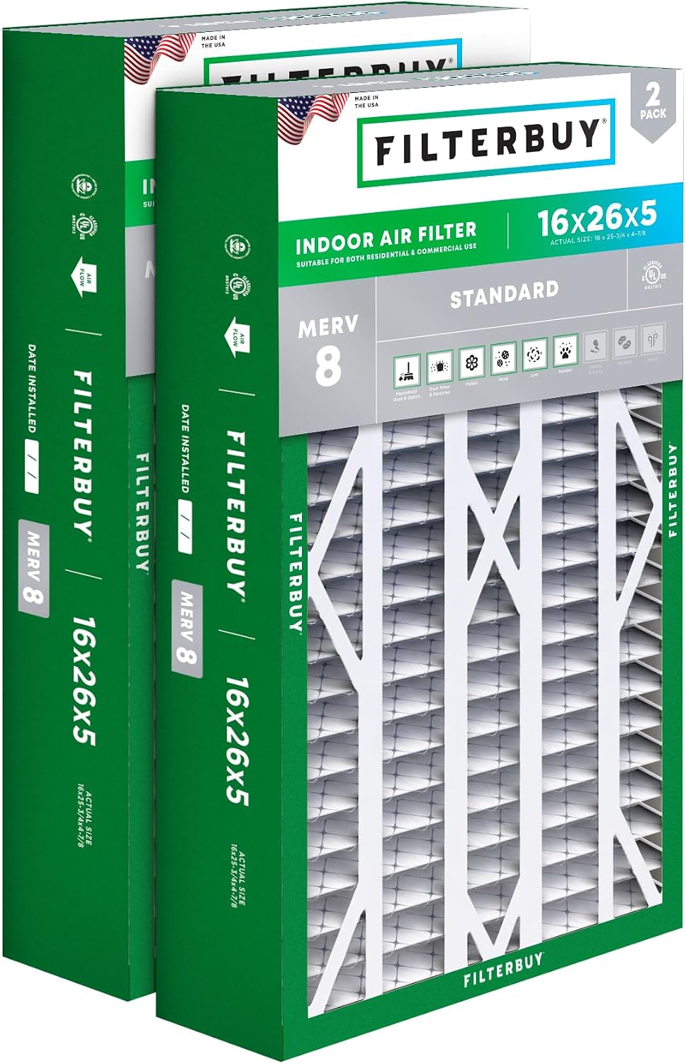 Filterbuy 22x24x5 Air Filter MERV 8 Dust & Allergy Defense (2-Pack)