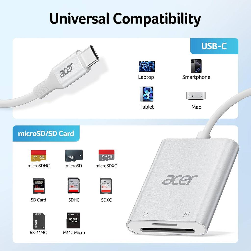 Acer USB-C SD Card Reader, High Speed Type-C Micro SD Card Adapter, USBC External Memory Card Reader SDXC, Micro SDXC Card, Compatible with MacBook Pro/Air, Acer Laptop, iPhone 16, Camera -Silver