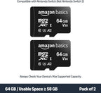 Amazon Basics microSDXC Memory Card, 64GB, A2, U3, 100MB/s Read Speed, Black, 2-Pack