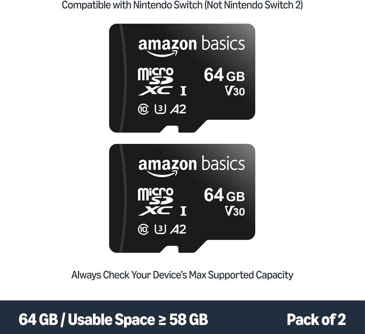 Amazon Basics microSDXC Memory Card, 64GB, A2, U3, 100MB/s Read Speed, Black, 2-Pack