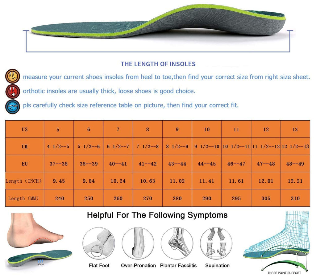 Plantar Fasciitis Arch Support Orthopedic Insoles Relieve Flat Feet Heel Pain Shock Absorption Comfortable Inserts(Size:UK-7,Length:10.25",Green)