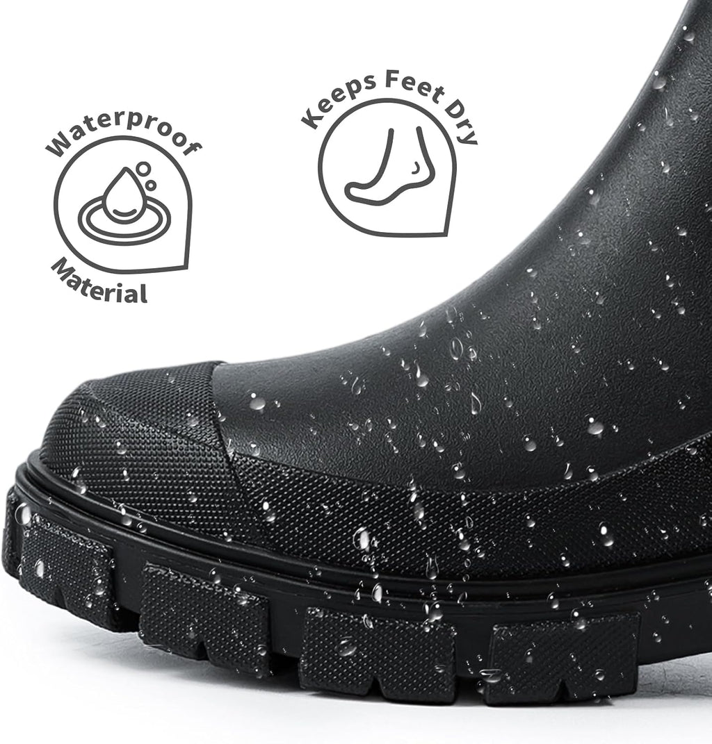 DRECAGE Wellies Boots Women Waterproof Short Chelsea Fashion Ladies Comfortable Rain Boots Outdoors Garden Walking