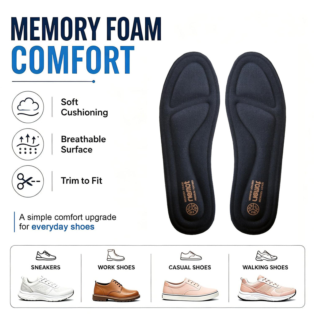 riemot Memory Foam Insoles for Men and Women - Replacement Shoe Inserts Comfort Cushioning for Sports Shoes, Trainers, Sneakers, Work Boots and Walking Shoes, Black with Yellow Base, UK8 / EU42