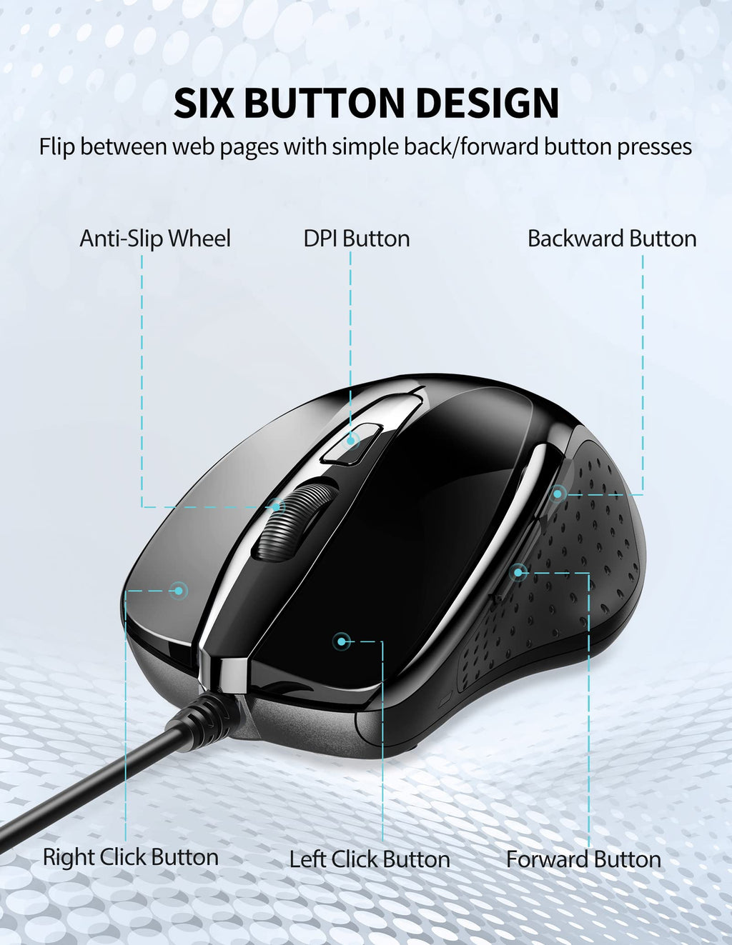 TECKNET USB Wired Mouse,6400 DPI Optical,6-Button Ergonomic Computer Mouse