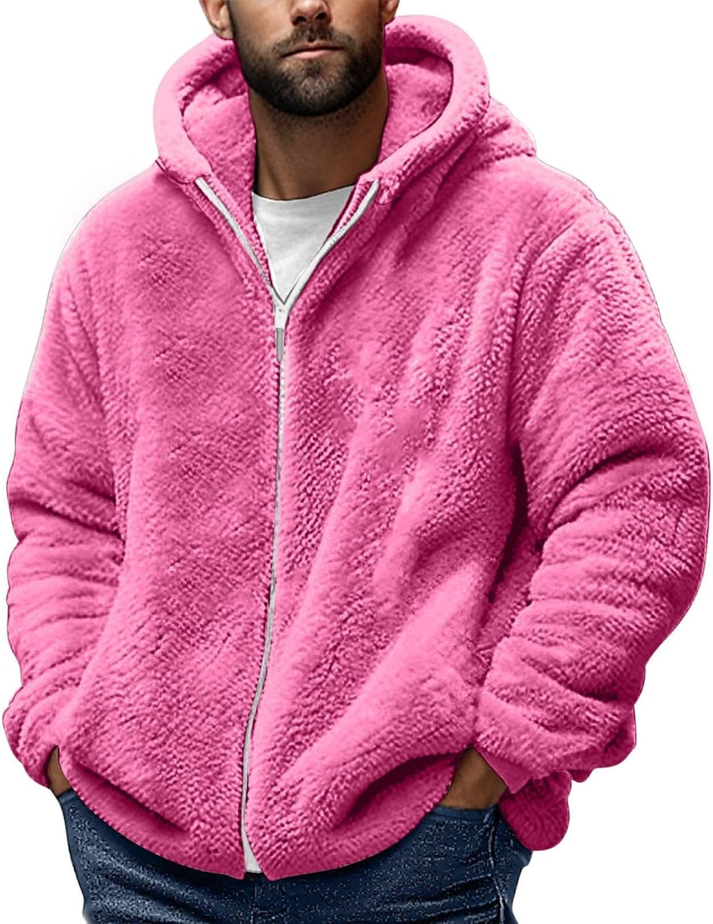 Teddy Fleece Jacket Mens, Full Zip Up Hoodies Long Sleeve Sherpa Fleece Winter Coats Fluffy Warm Jackets Thick Plush Oversized Hoodie Thermal Hooded Jumper Coat Cozy Cardigan Plus Size
