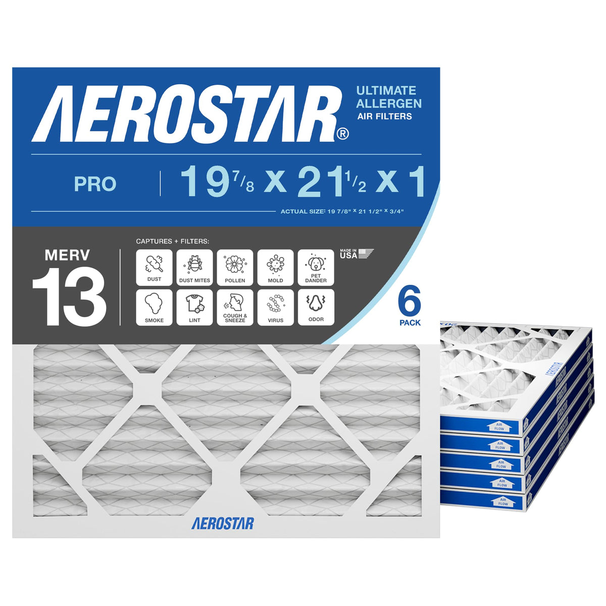 Aerostar Air Filter 20x20x1 MERV 8 AC Filter, HVAC, Furnace Filter, 6 Pack