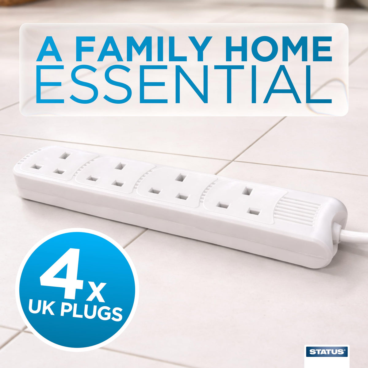 STATUS 4 Way Socket Extension Lead, 1m Cable, White (4WS1M20)