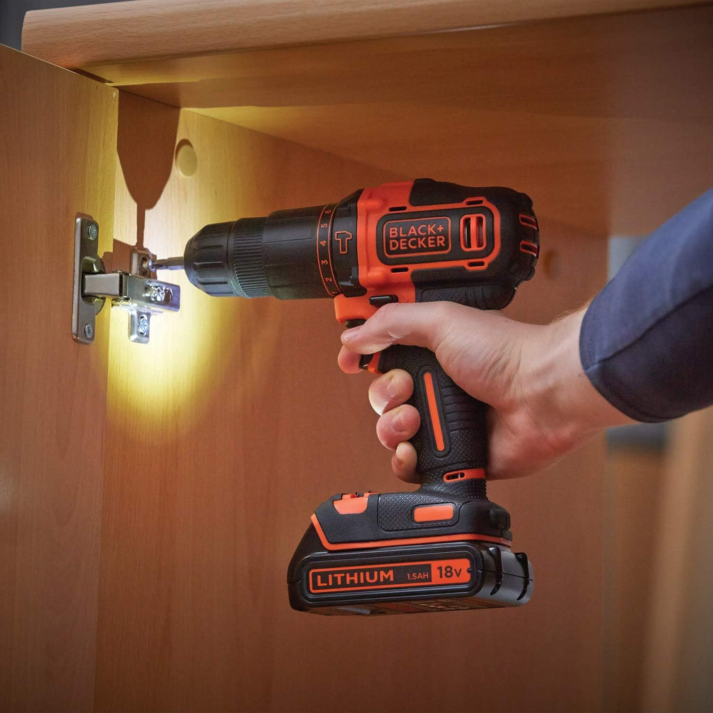 BLACK+DECKER 18 V Cordless 2-Gear Combi Drill with Kitbox and 2X 1.5 Ah Lithium Ion Batteries