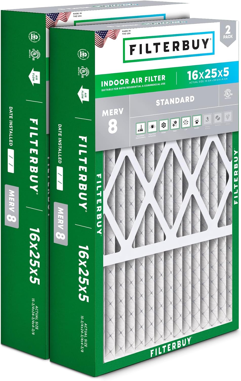 Filterbuy 22x24x5 Air Filter MERV 8 Dust & Allergy Defense (2-Pack)