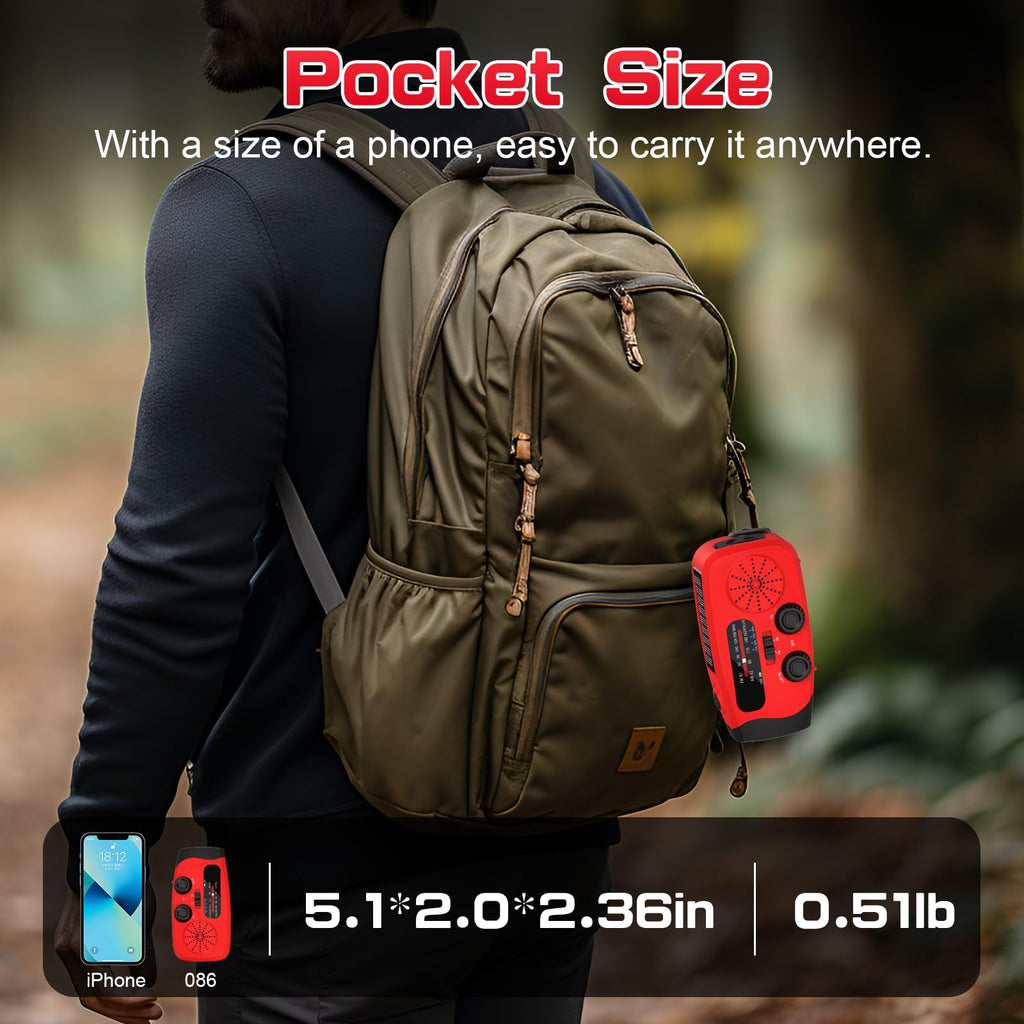 Wind Up Solar Radio, Emergency Radio, Portable Hand Crank Radio, AM/FM Radio with LED Torch, 7400mWh Rechargeable Power Bank, SOS Alarm, USB Phone Charger, Emergency Use for Camping Hiking (Red)