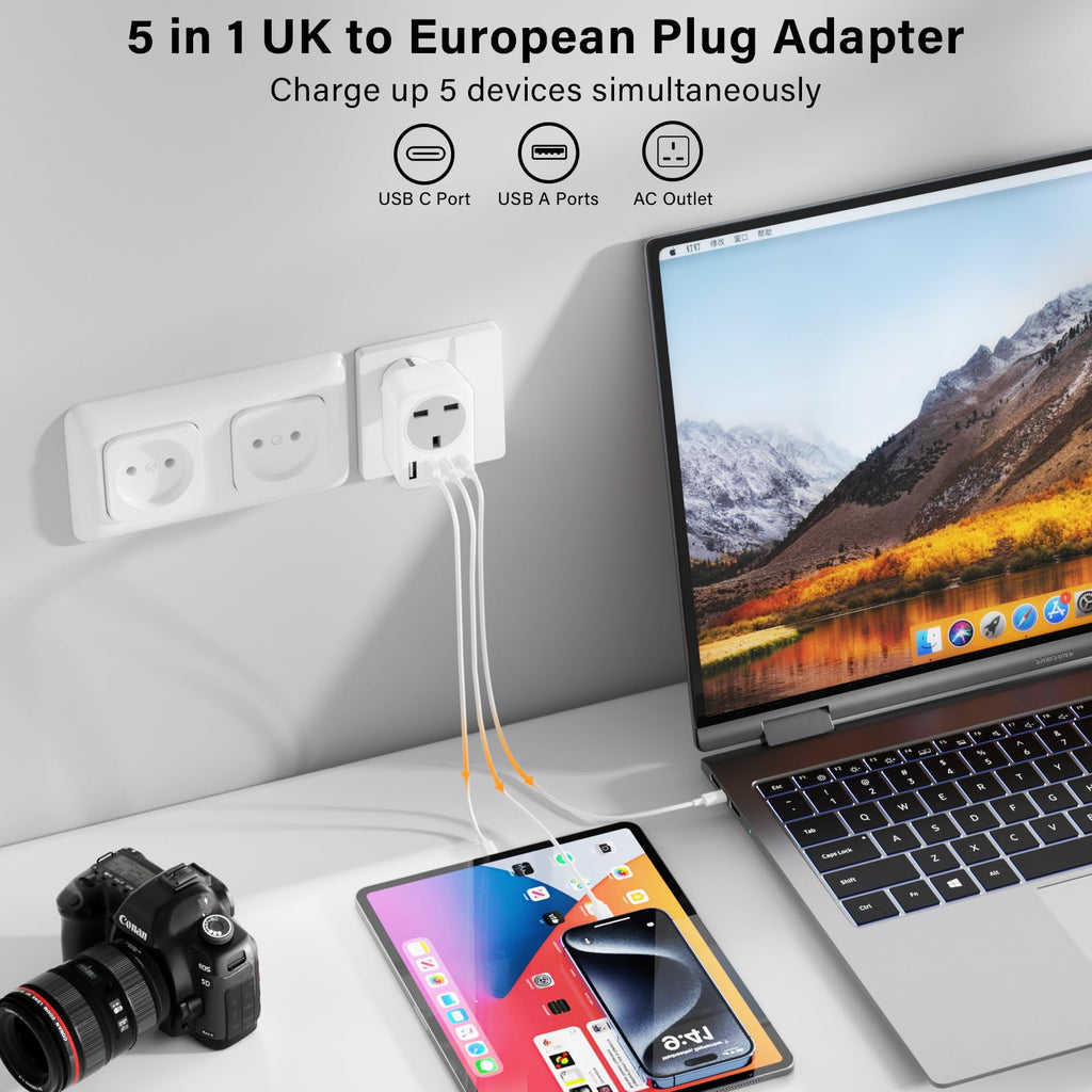2 Pack UK To European Plug Adapter, 5 IN 1 European Travel Adaptor with 2 USB C & 2 USB A, EU Plug Adapter for Germany Spain France Turkey Greece etc (Type E/F)