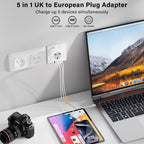2 Pack UK To European Plug Adapter, 5 IN 1 European Travel Adaptor with 2 USB C & 2 USB A, EU Plug Adapter for Germany Spain France Turkey Greece etc (Type E/F)